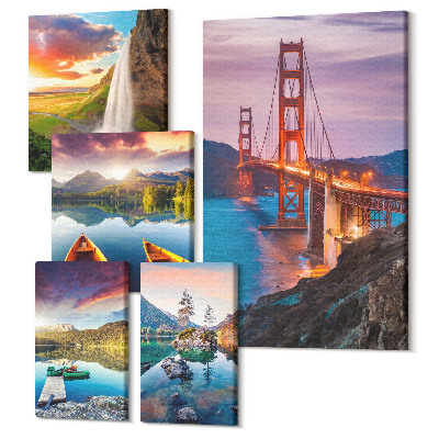 Zestaw obrazów na płótnie pentaptyk Krajobrazy naturalne i architektura mostów w USA