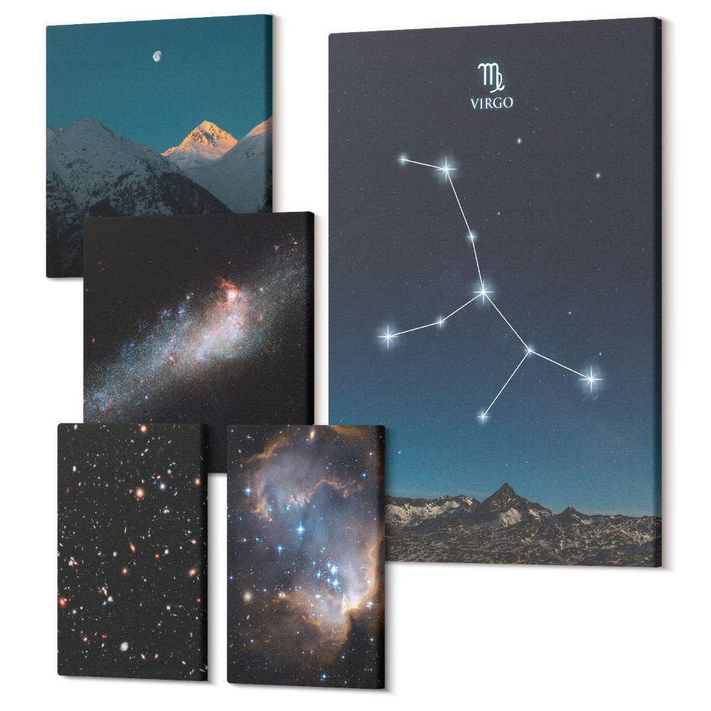 Zestaw obrazów na płótnie pentaptyk Kosmiczne pejzaże nocne z gwiazdami i konstelacjami