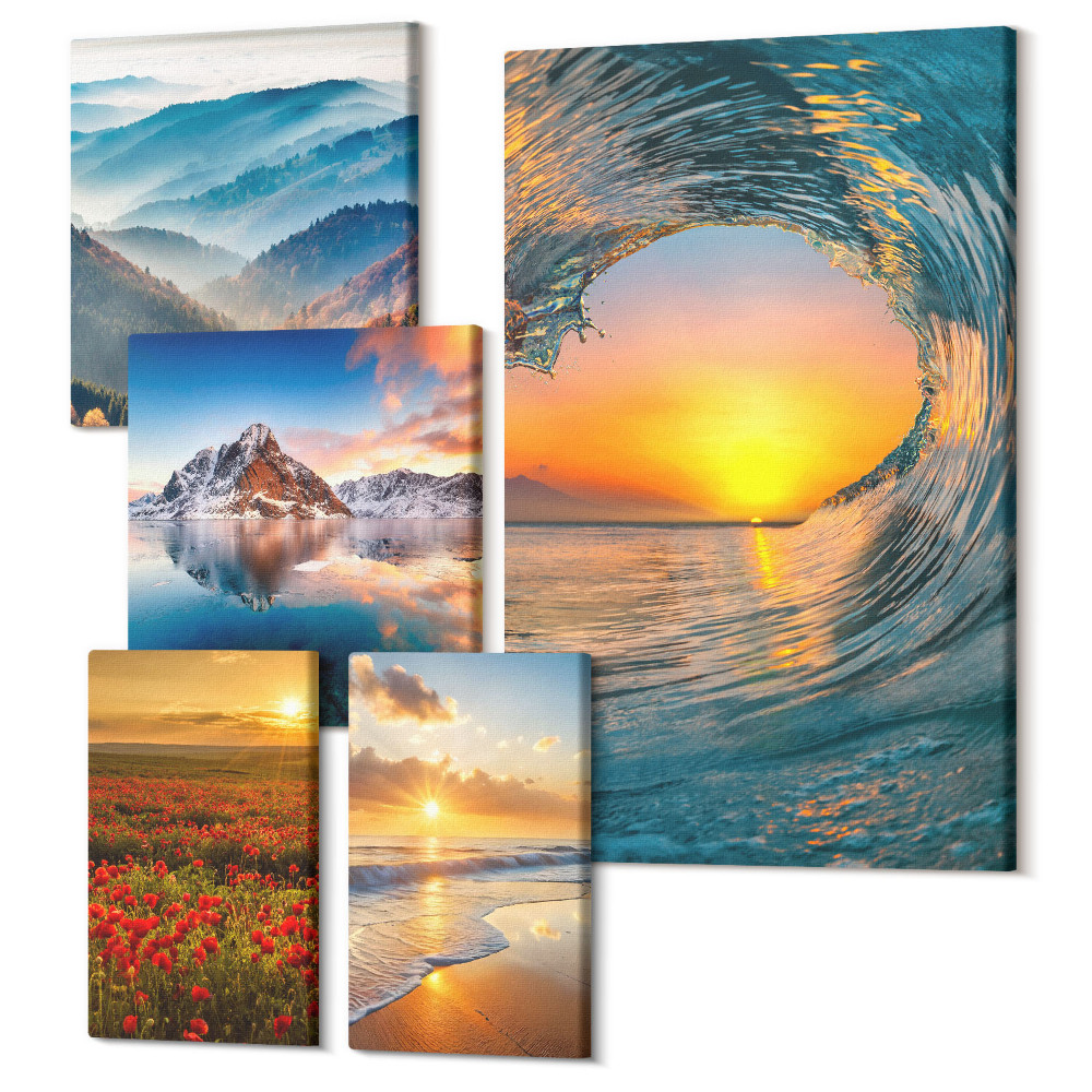 Zestaw obrazów 5 części pentaptyk Naturalne pejzaże z morzem górami i kwiatami