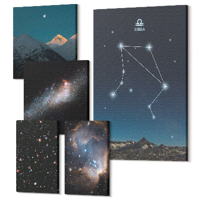 Zestaw obrazów pentaptyk na ścianę Kosmiczne pejzaże nocnego nieba i konstelacje gwiazd