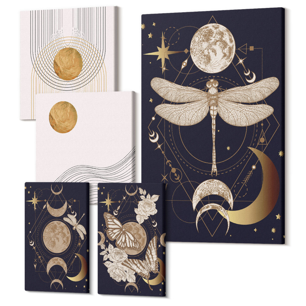 Zestaw obrazów 5 części pentaptyk Stylowe motywy kosmiczne z owadami i geometrycznymi wzorami