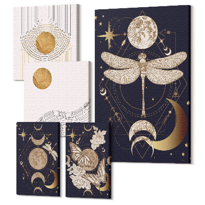 Zestaw obrazów 5 części pentaptyk Stylowe motywy kosmiczne z owadami i geometrycznymi wzorami