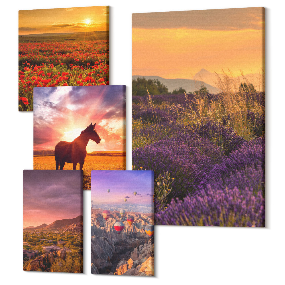 Zestaw obrazów 5 części pentaptyk Krajobrazy natury z końmi i kwiatami w plenerze