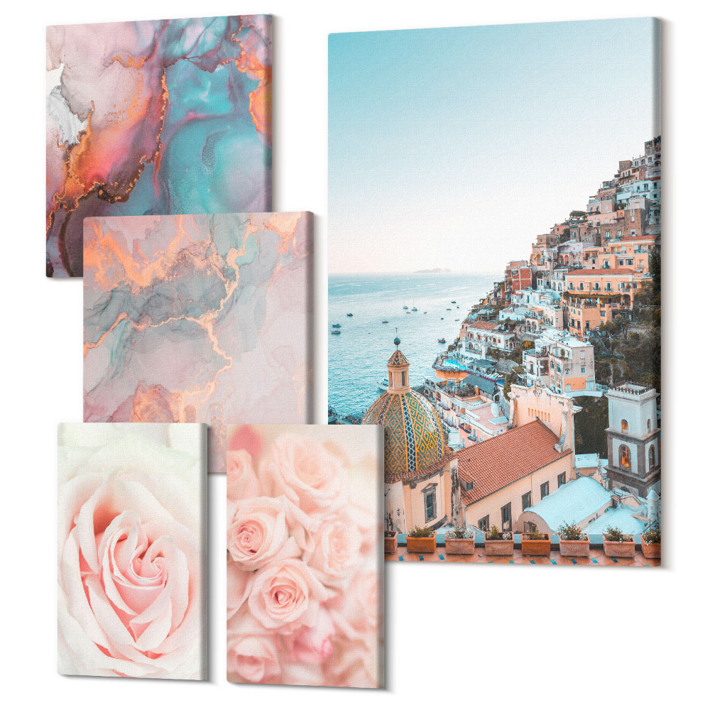 Zestaw obrazów na płótnie pentaptyk Romantyczne pejzaże z różami i pastelowymi akcentami