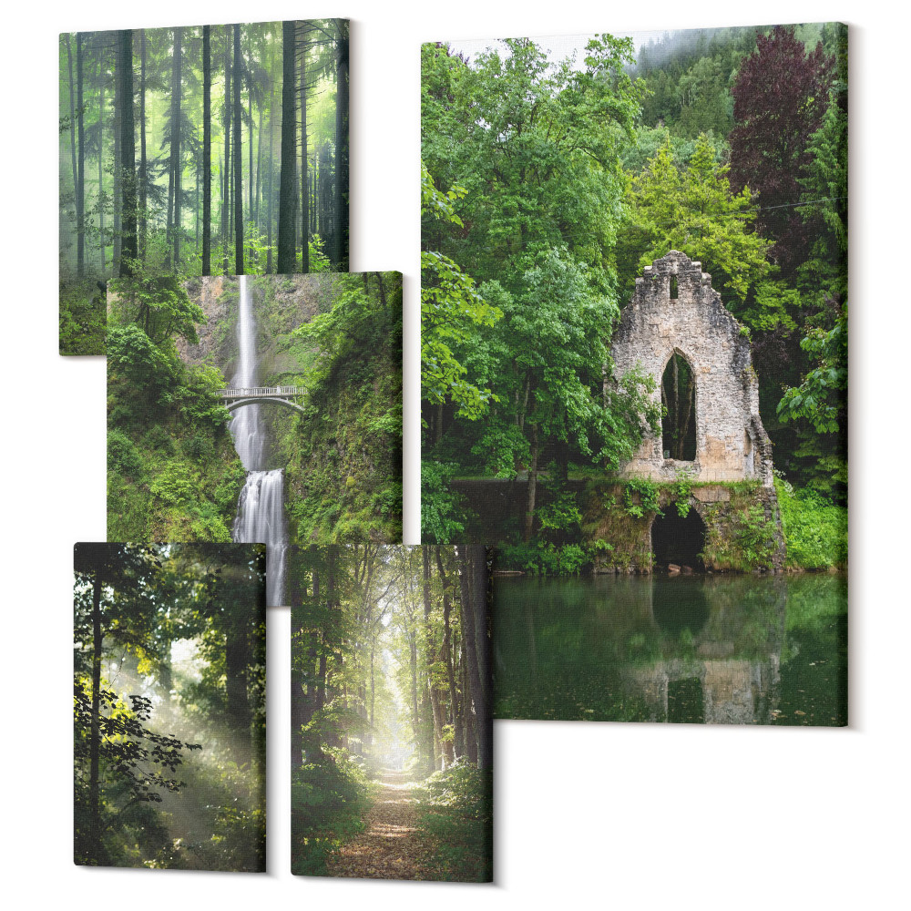 Zestaw obrazów pentaptyk na ścianę Zielone lasy i wodospady w naturalnym otoczeniu