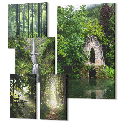 Zestaw obrazów pentaptyk na ścianę Zielone lasy i wodospady w naturalnym otoczeniu