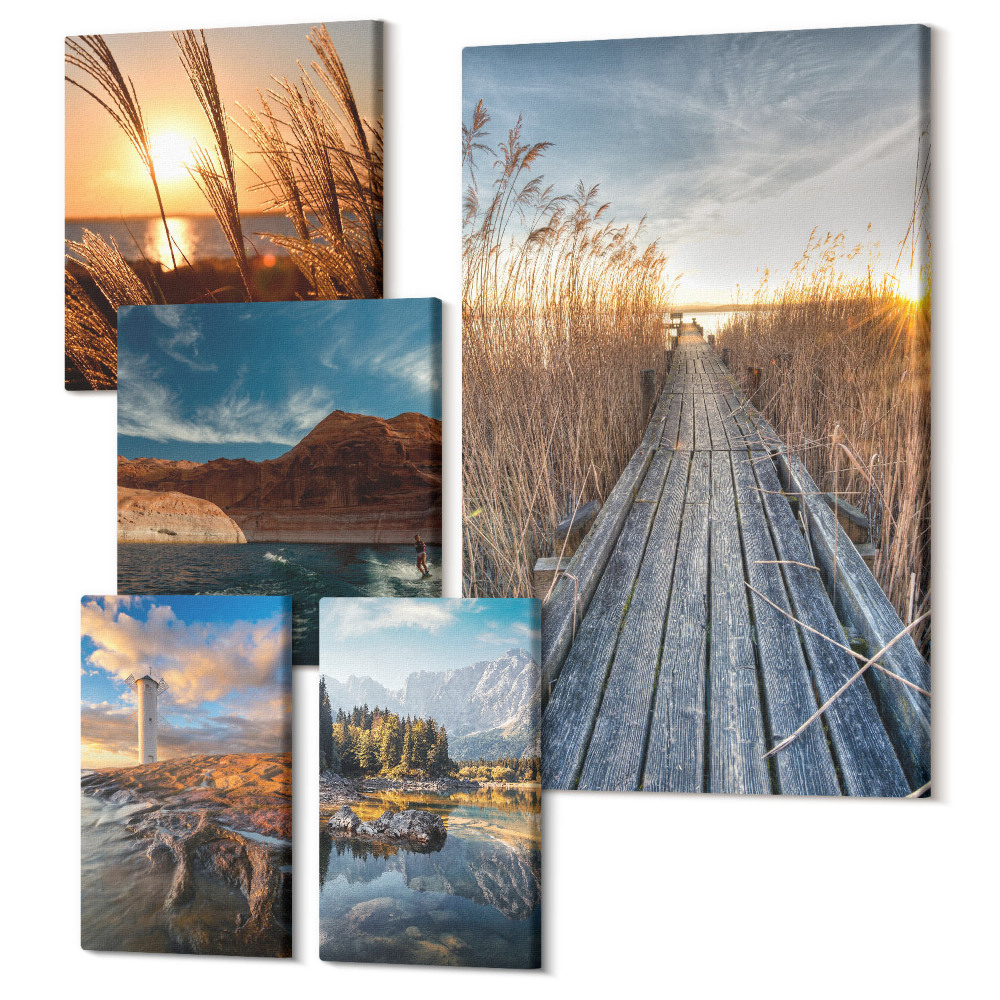 Zestaw obrazów na płótnie pentaptyk Naturalne krajobrazy z wodą i roślinnością na szlaku