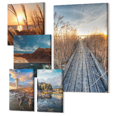 Zestaw obrazów na płótnie pentaptyk Naturalne krajobrazy z wodą i roślinnością na szlaku