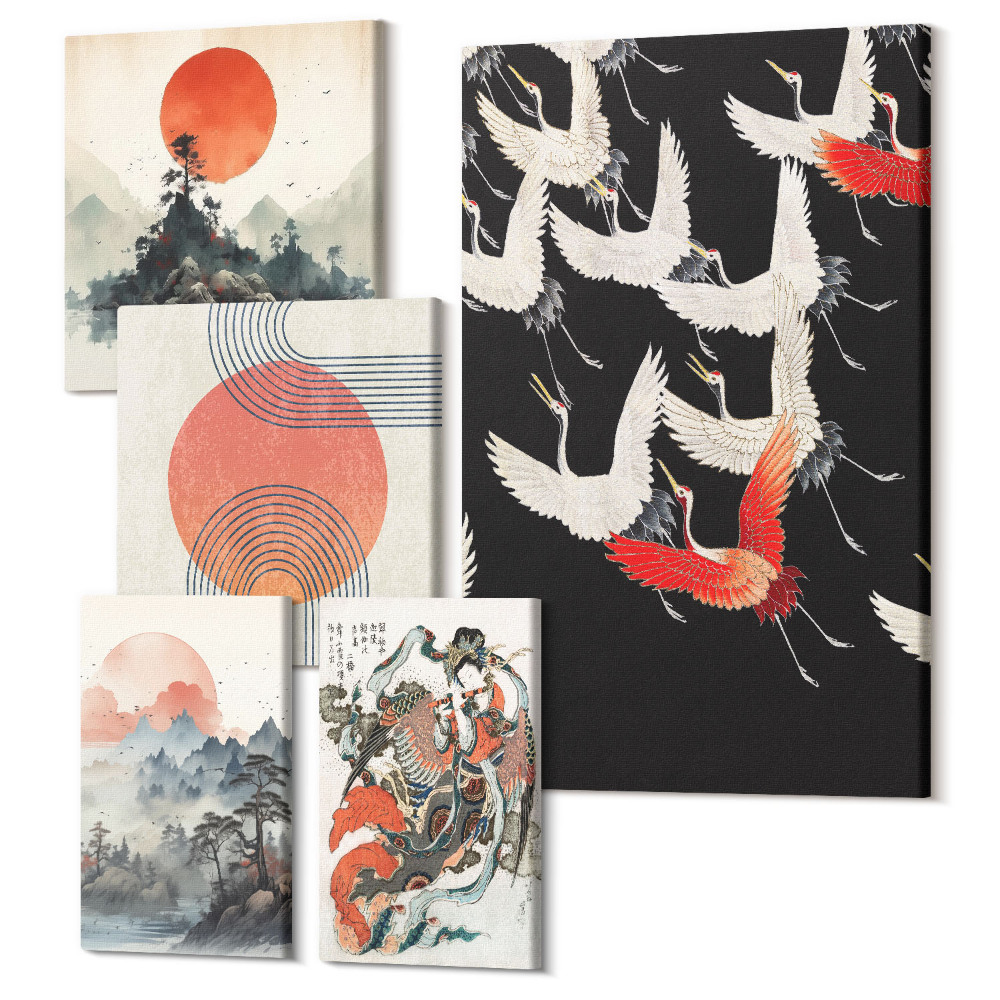 Zestaw obrazów 5 części pentaptyk Sztuka japońska motywy natury i tradycji w nowoczesnym stylu