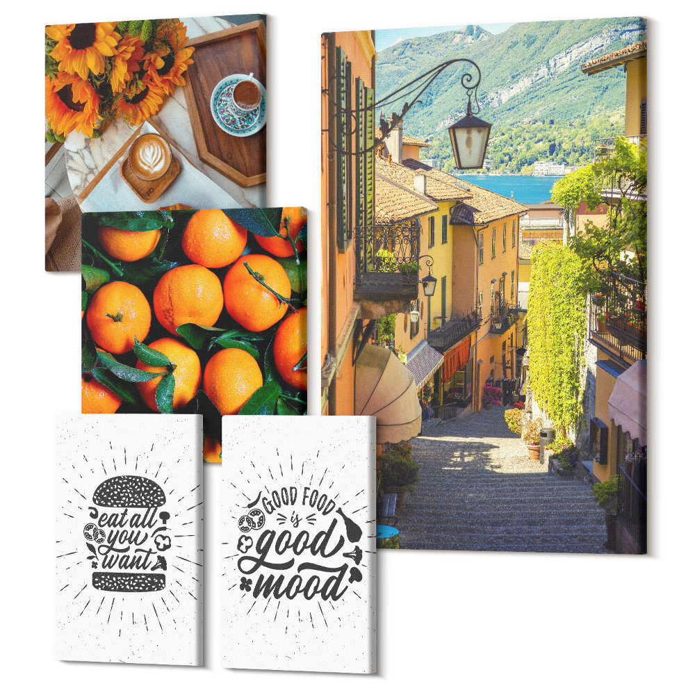Zestaw obrazów na płótnie pentaptyk Kawiarniane klimaty widoki uliczek i smakowite akcenty
