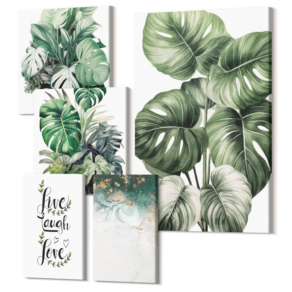 Zestaw obrazów 5 części pentaptyk Roślinne motywy z inspirującymi cytatami i abstrakcją