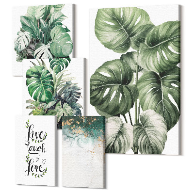 Zestaw obrazów 5 części pentaptyk Roślinne motywy z inspirującymi cytatami i abstrakcją