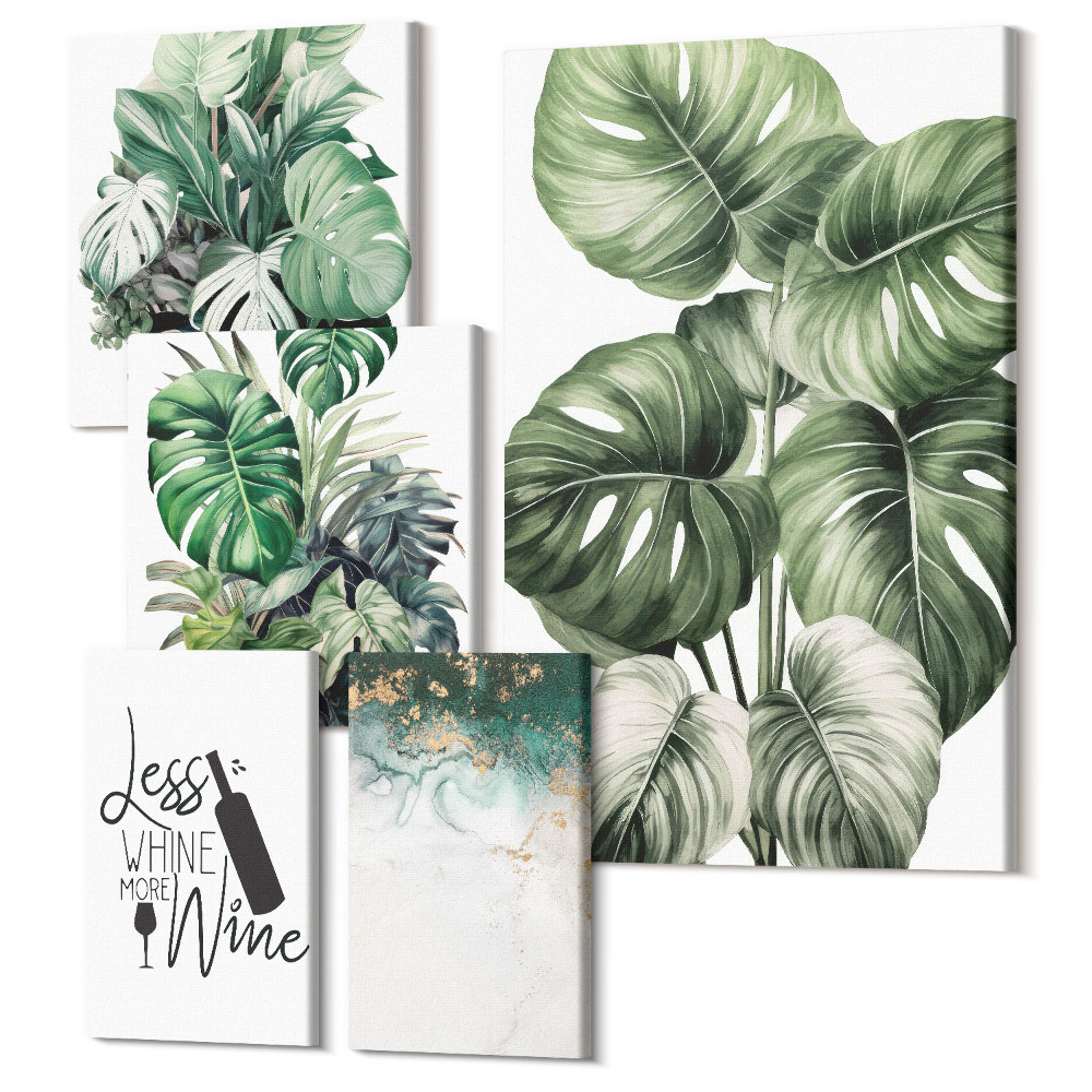 Zestaw obrazów na płótnie pentaptyk Roślinne motywy z cytatami i abstrakcyjnymi akcentami