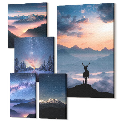 Zestaw obrazów 5 części pentaptyk Krajobrazy górskie z dziką przyrodą i nocnym niebem