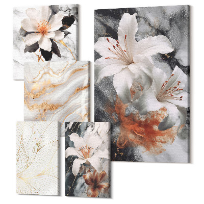 Zestaw obrazów na płótnie pentaptyk Kwiatowe motywy na tle marmurowym w eleganckim stylu