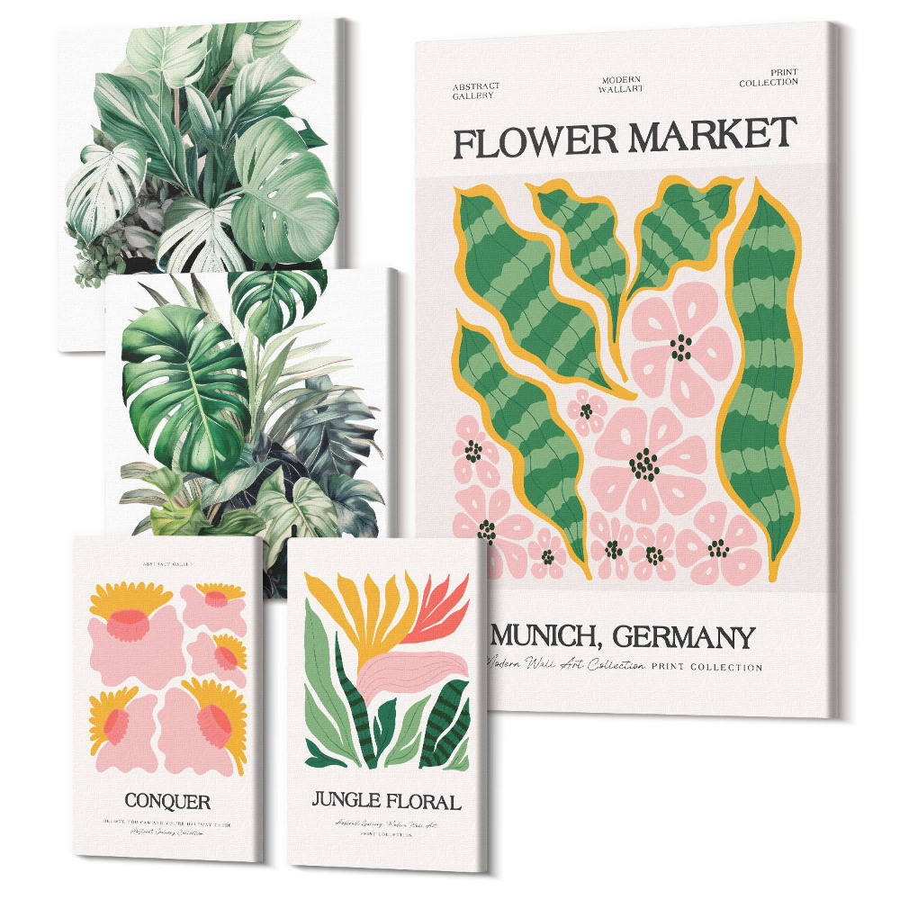 Zestaw obrazów pentaptyk na ścianę Roślinne motywy i kwiatowe akcenty w stylu boho