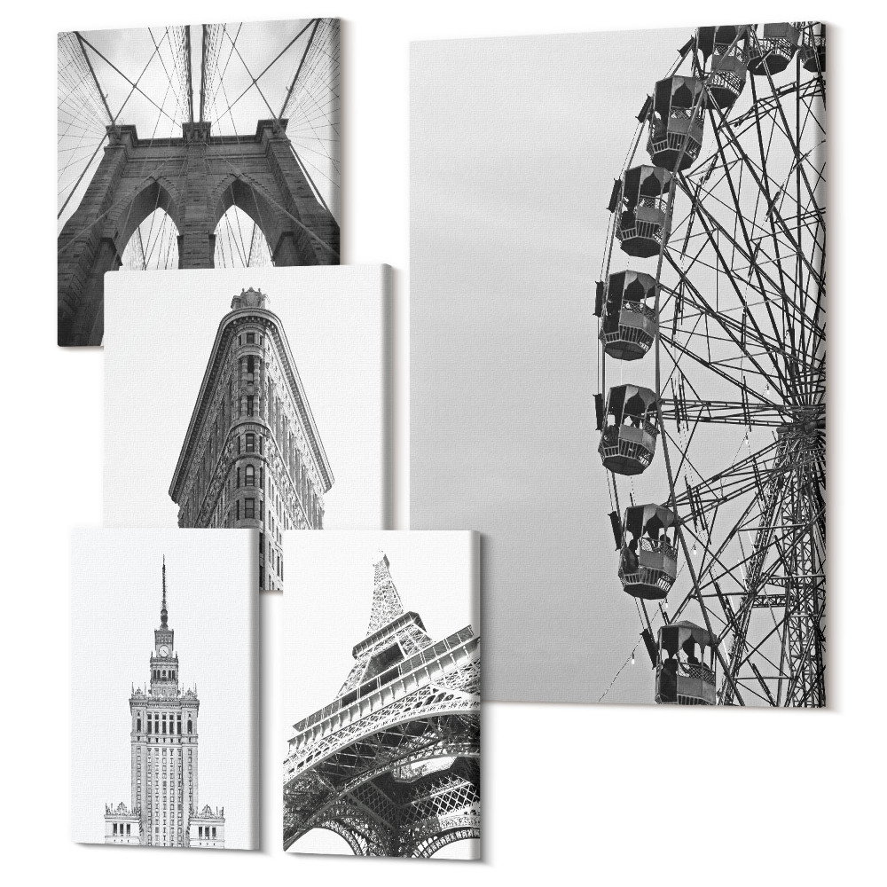 Zestaw obrazów pentaptyk na ścianę Architektura światowych metropolii w czerni i bieli