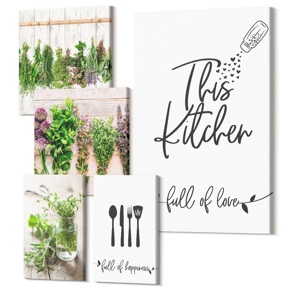 Zestaw obrazów 5 części pentaptyk Kuchenne inspiracje ziołowe w stylu rustykalnym