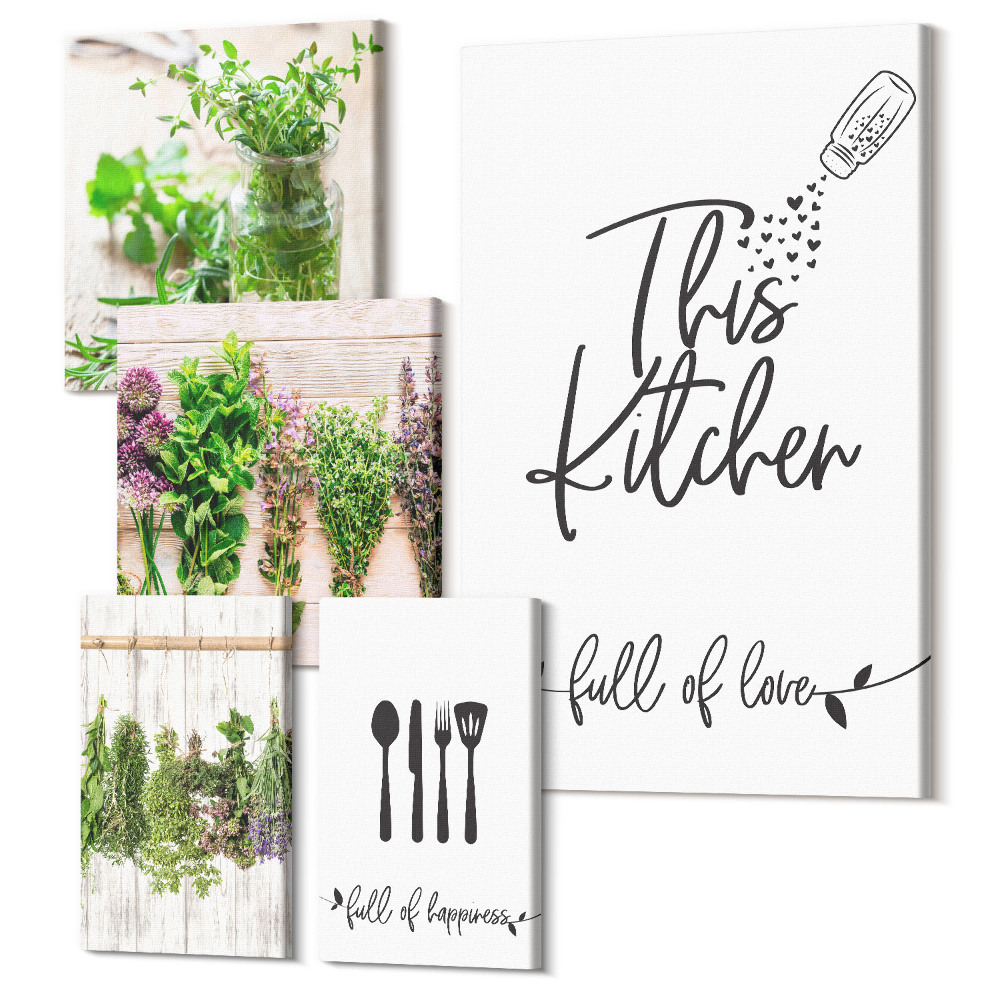Zestaw obrazów pentaptyk na ścianę Kuchenne inspiracje z ziołami i miłością do gotowania