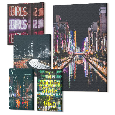 Zestaw obrazów na płótnie pentaptyk Nowoczesne miasto nocą z neonami i refleksami w wodzie