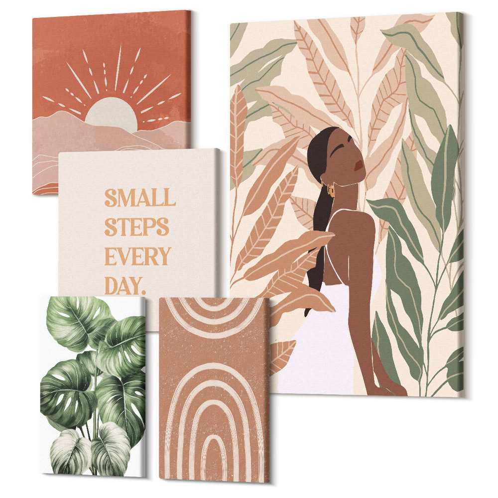 Zestaw obrazów na płótnie pentaptyk Styl boho z motywem roślinnym i pozytywnymi hasłami