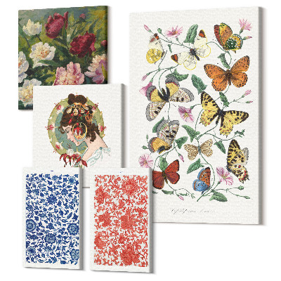 Zestaw obrazów pentaptyk na ścianę Kwiatowe motywy i motyle w stylu vintage dekoracje