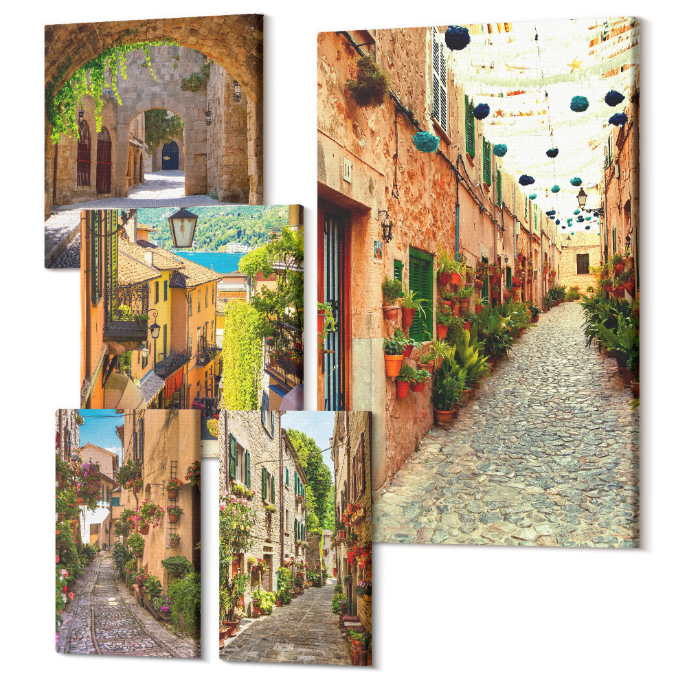 Zestaw obrazów 5 części pentaptyk Urokliwe uliczki z zielonymi roślinami w miastach