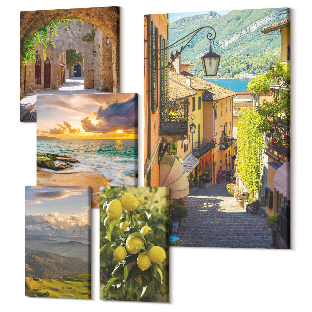 Zestaw obrazów 5 części pentaptyk Urokliwe uliczki i malownicze krajobrazy natury