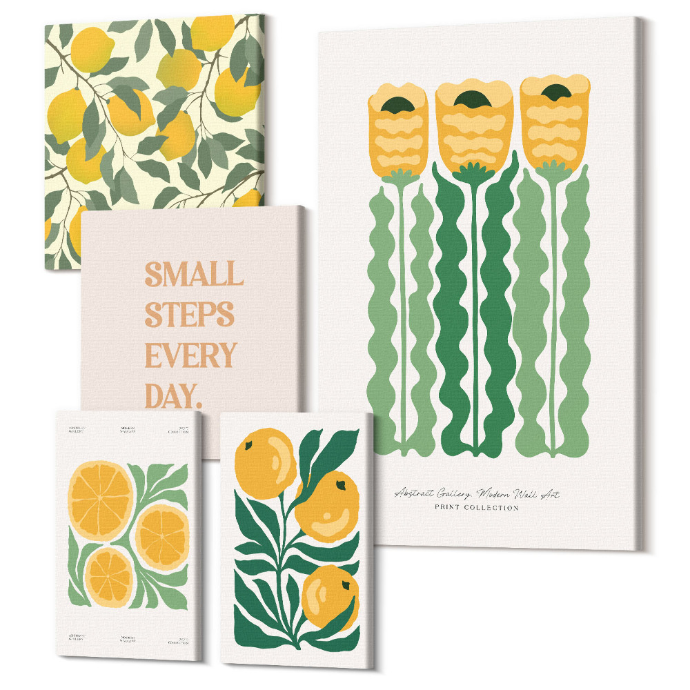 Zestaw obrazów pentaptyk na ścianę Kwiatowe akcenty z motywem cytrusów i pozytywnymi hasłami