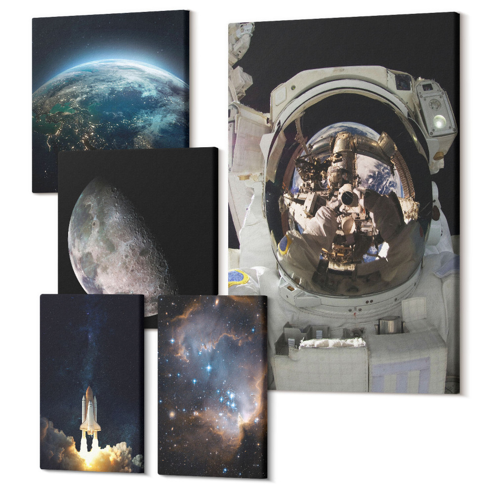 Zestaw obrazów 5 części pentaptyk Kosmiczne odkrycia widoki z astronautą i planetami