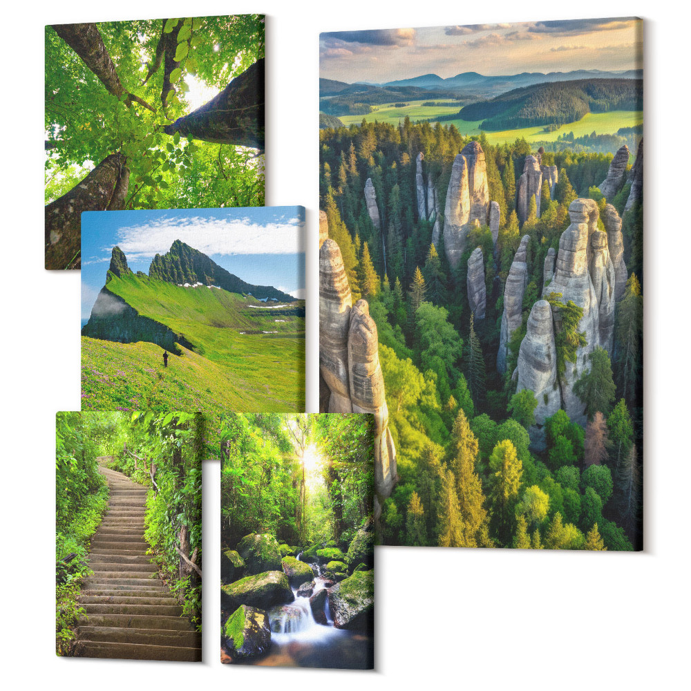 Zestaw obrazów na płótnie pentaptyk Zielone krajobrazy z naturą i malowniczymi ścieżkami