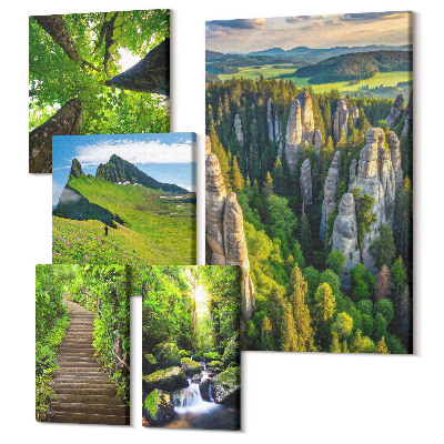 Zestaw obrazów na płótnie pentaptyk Zielone krajobrazy z naturą i malowniczymi ścieżkami