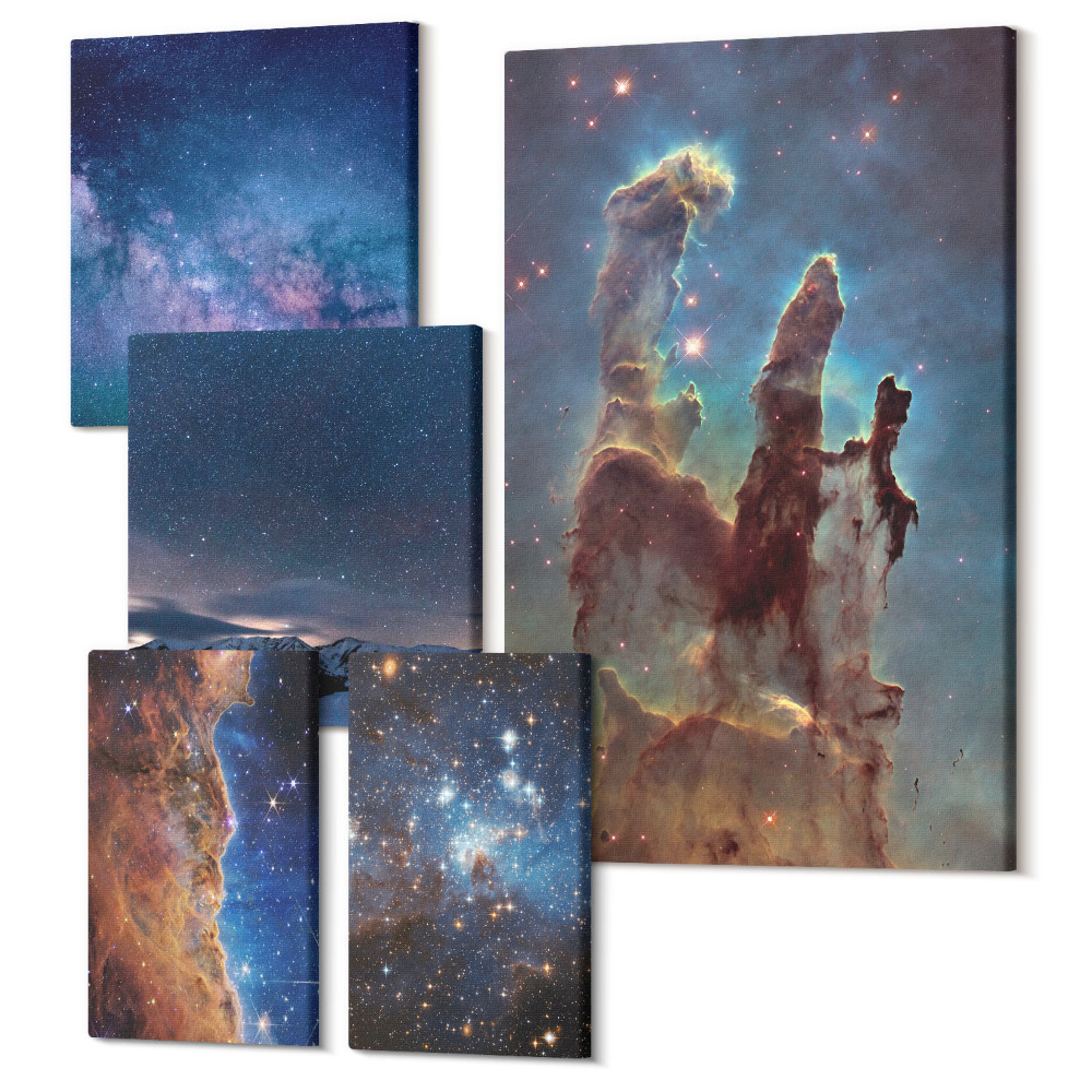 Zestaw obrazów 5 części pentaptyk Kosmiczne pejzaże galaktyk i mgławic w nocnym niebie
