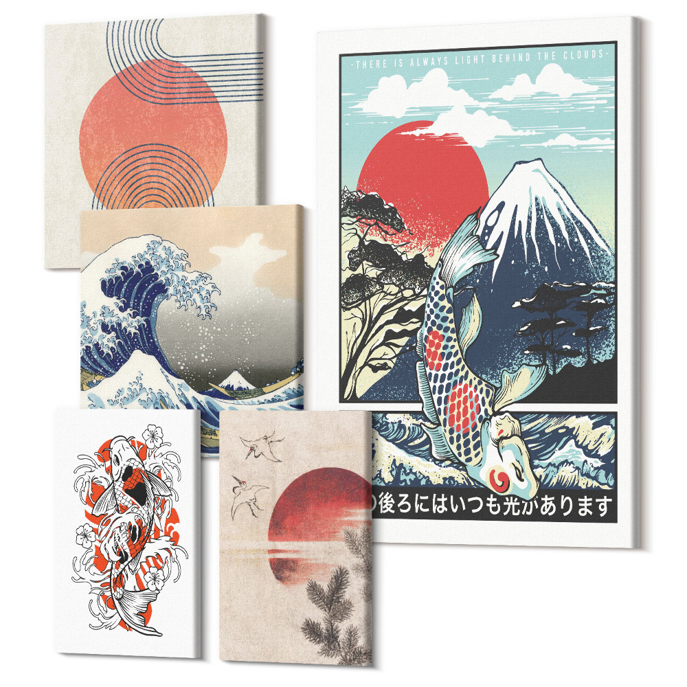 Zestaw obrazów 5 części pentaptyk Sztuka japońska motywy fal i tradycyjne wzory