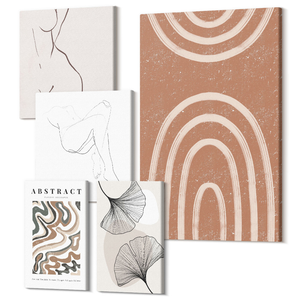 Zestaw obrazów na płótnie pentaptyk Stylowe abstrakcyjne kompozycje z motywami figuralnymi