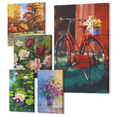 Zestaw obrazów 5 części pentaptyk Kwiaty w wiosennych krajobrazach z rowerem na tle natury