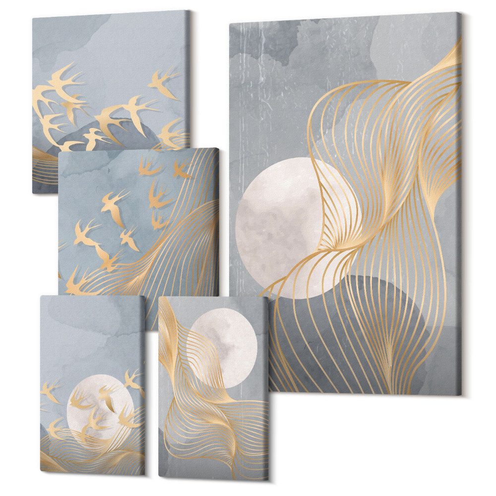 Zestaw obrazów pentaptyk na ścianę Abstrakcyjne kompozycje z falami i ptakami w ruchu