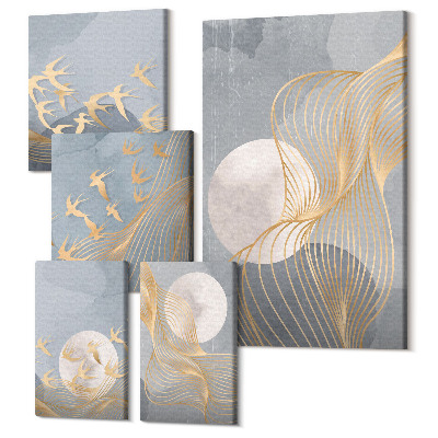 Zestaw obrazów pentaptyk na ścianę Abstrakcyjne kompozycje z falami i ptakami w ruchu