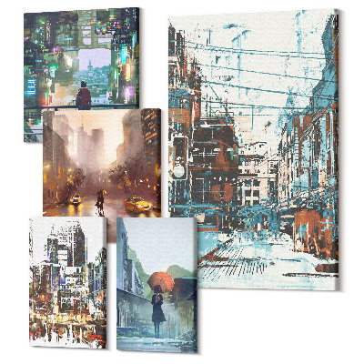 Zestaw obrazów na płótnie pentaptyk Nowoczesne miejskie pejzaże z ulicami i postaciami