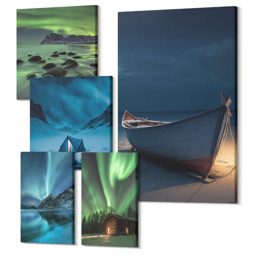 Zestaw obrazów 5 części pentaptyk Zimowe pejzaże z zorzą polarną i nocnym niebem