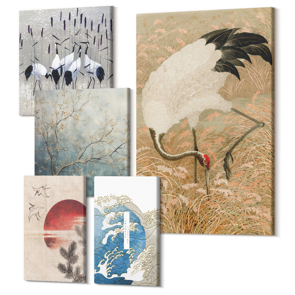 Zestaw obrazów na płótnie pentaptyk Stylowe obrazy z motywami przyrody i ptaków