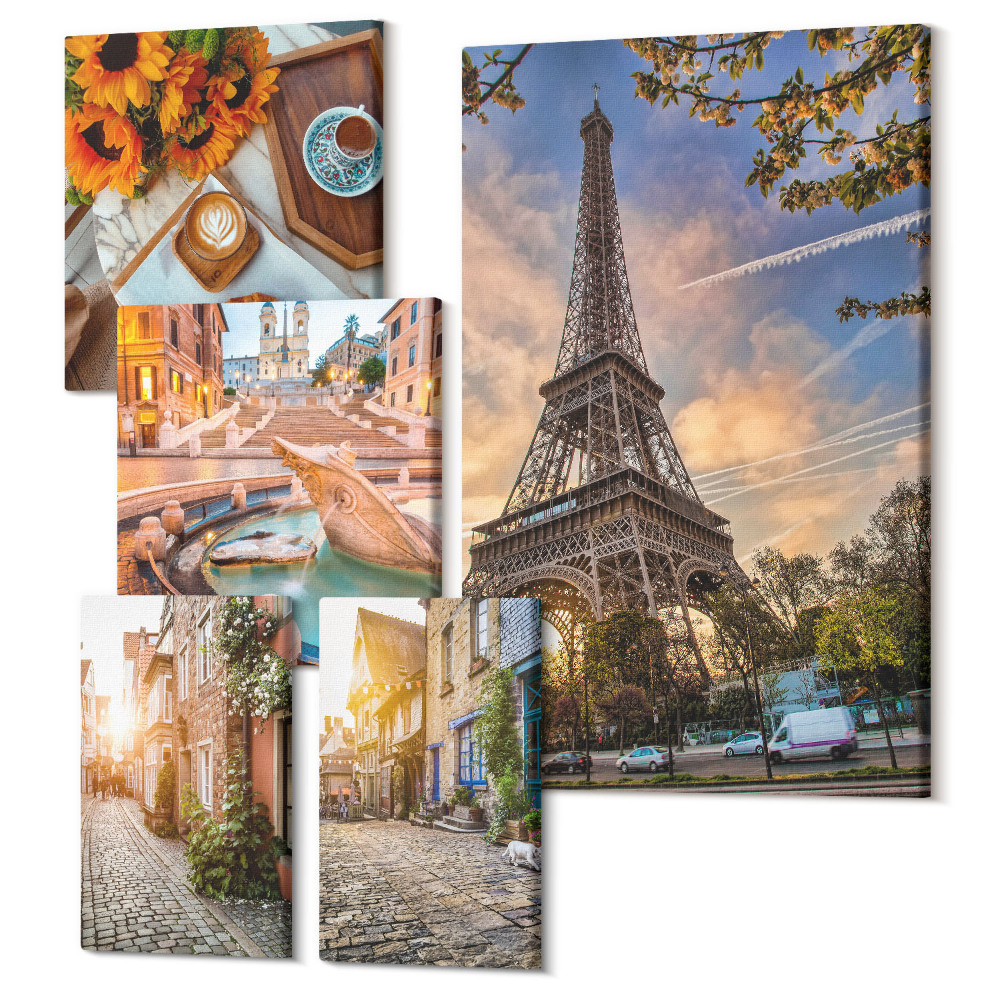 Zestaw obrazów pentaptyk na ścianę Klimatyczne urokliwe widoki europejskich miast i kawiarni