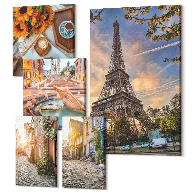 Zestaw obrazów pentaptyk na ścianę Klimatyczne urokliwe widoki europejskich miast i kawiarni