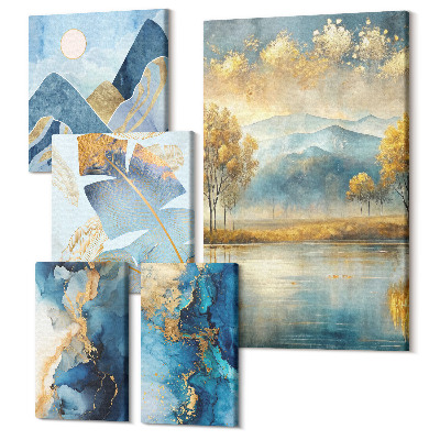 Zestaw obrazów pentaptyk na ścianę Stylowe pejzaże górskie z akcentami roślinnymi