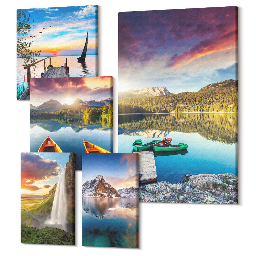 Zestaw obrazów 5 części pentaptyk Krajobrazy natury z wodospadami i jeziorami górskimi