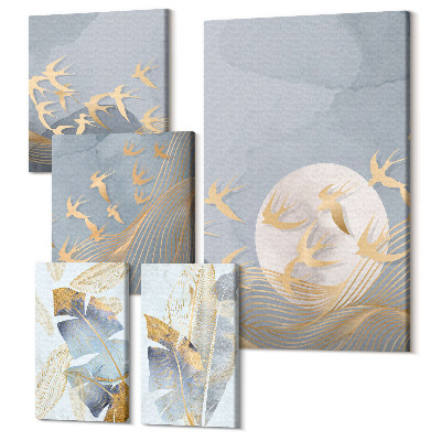 Zestaw obrazów na płótnie pentaptyk Stylowe akcenty z motywem ptaków i liści w szarościach