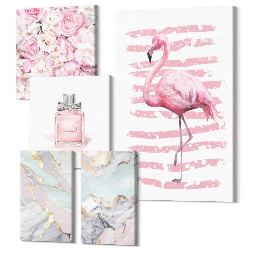 Zestaw obrazów 5 części pentaptyk Stylowe akcenty w różowych odcieniach z kwiatami i flamingiem