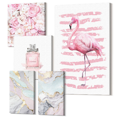 Zestaw obrazów 5 części pentaptyk Stylowe akcenty w różowych odcieniach z kwiatami i flamingiem