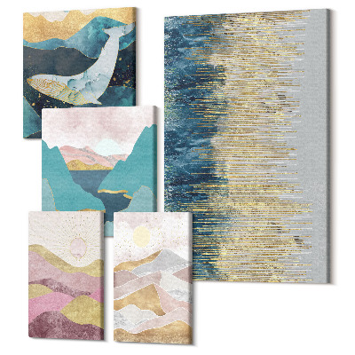 Zestaw obrazów na płótnie pentaptyk Abstrakcyjne pejzaże górskie i morskie w stylu nowoczesnym