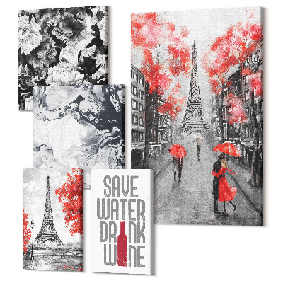 Zestaw obrazów na płótnie pentaptyk Paryskie widoki z kwiatami i abstrakcyjnymi wzorami